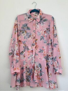Entro Pink Floral Button-Down Long Blouse Size L